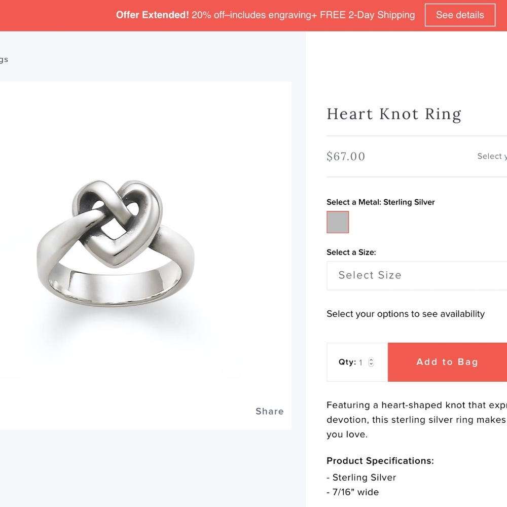 Heart Knot Ring Sterling Silver James Avery Size 8